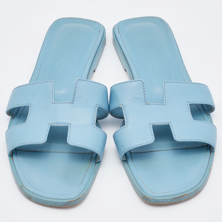 Pre Owned Hermes Blue Leather Oran Flat Slides Size 36