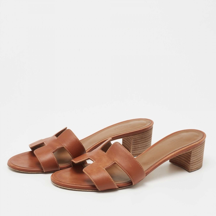 Pre Owned Hermes Brown Leather Oasis Slide Sandals Size 38