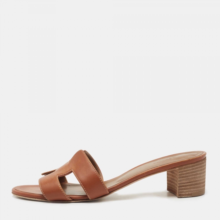 Pre Owned Hermes Brown Leather Oasis Slide Sandals Size 38