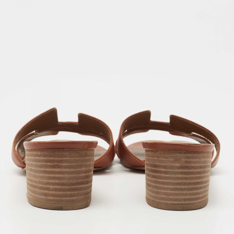 Pre Owned Hermes Brown Leather Oasis Slide Sandals Size 38
