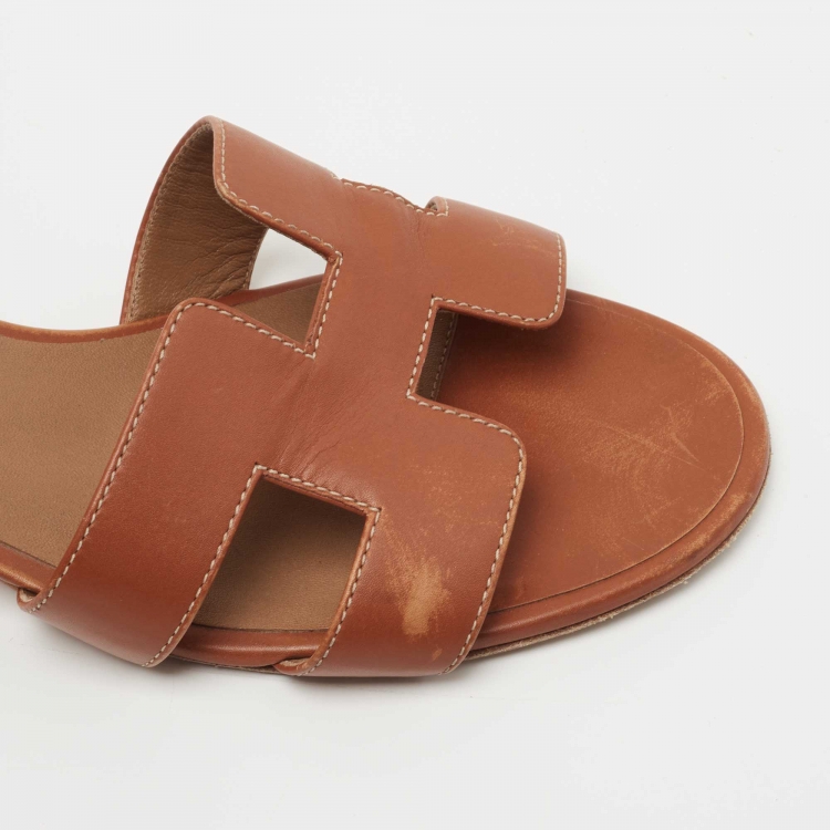Pre Owned Hermes Brown Leather Oasis Slide Sandals Size 38