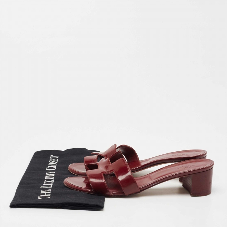 Pre Owned Hermes Burgundy Patent Leather Oasis Slide Sandals Size 38
