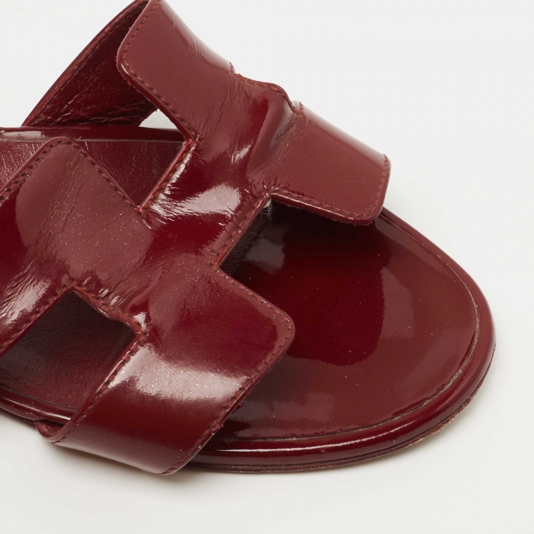 Pre Owned Hermes Burgundy Patent Leather Oasis Slide Sandals Size 38