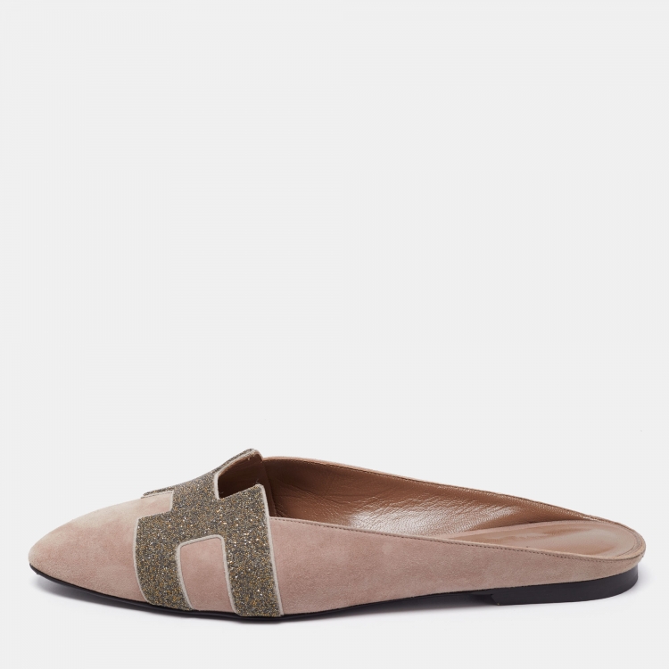 Pre Owned Hermes Light Brown Suede and Beads Roxane Flat Mules Size 41