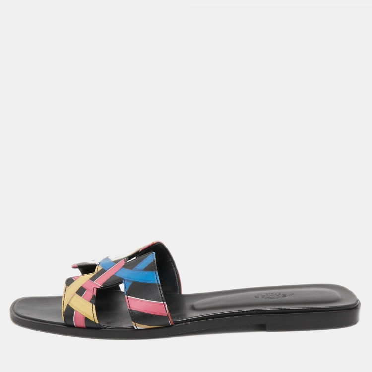 Hermes Multicolor Printed Leather Oran Flat Slides Size