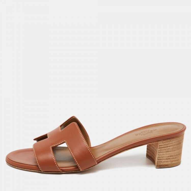 Pre Owned Hermes Brown Leather Oasis Slide Sandals Size 38