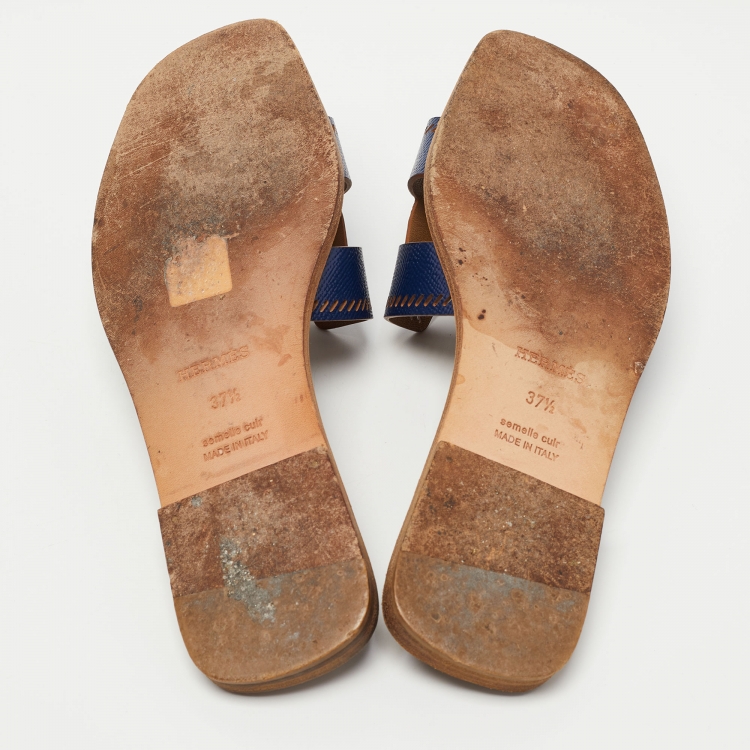 Pre Owned Hermes Navy Blue Leather Oran Flat Slides Size 37.5