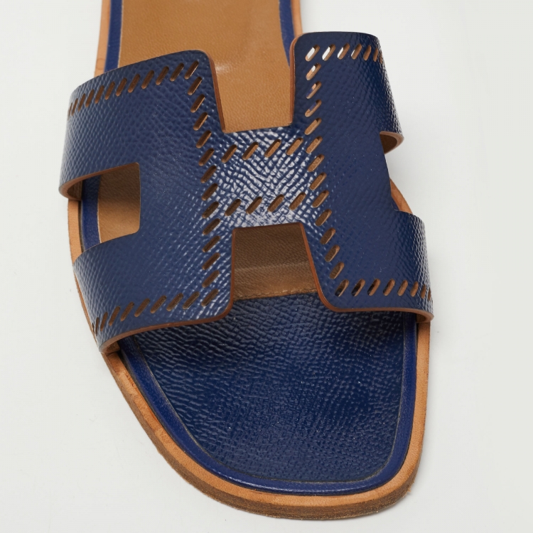 Pre Owned Hermes Navy Blue Leather Oran Flat Slides Size 37.5