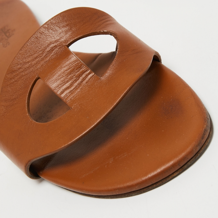 Pre Owned Hermes Brown Leather Lisboa Slide Flats Size 36 