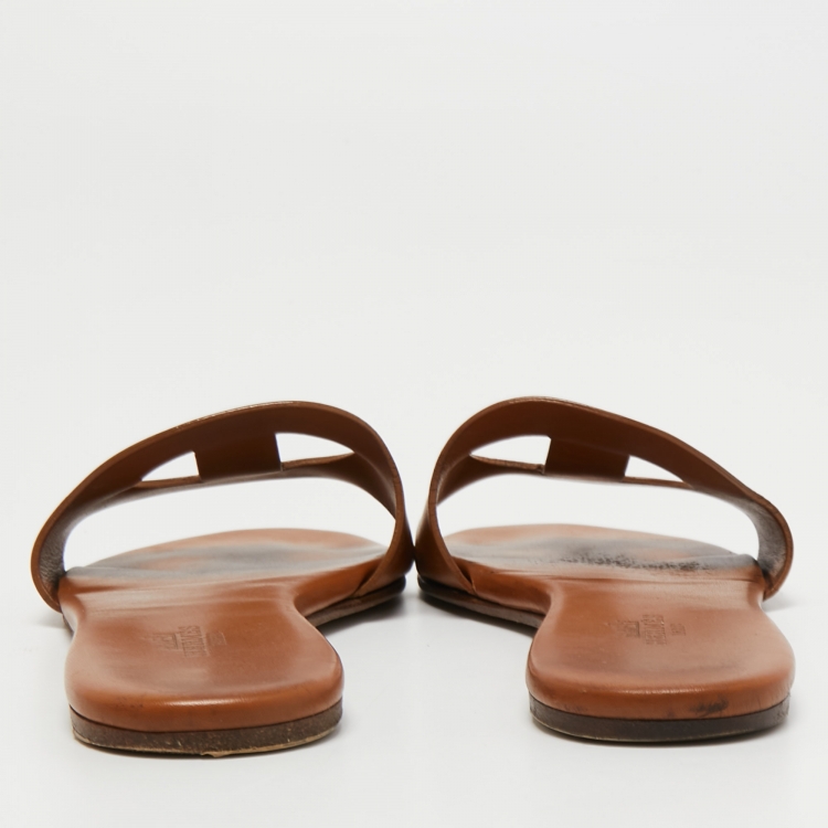 Pre Owned Hermes Brown Leather Lisboa Slide Flats Size 36 