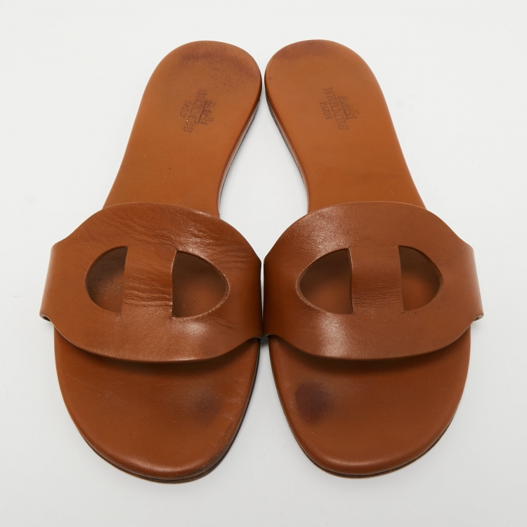 Pre Owned Hermes Brown Leather Lisboa Slide Flats Size 36 