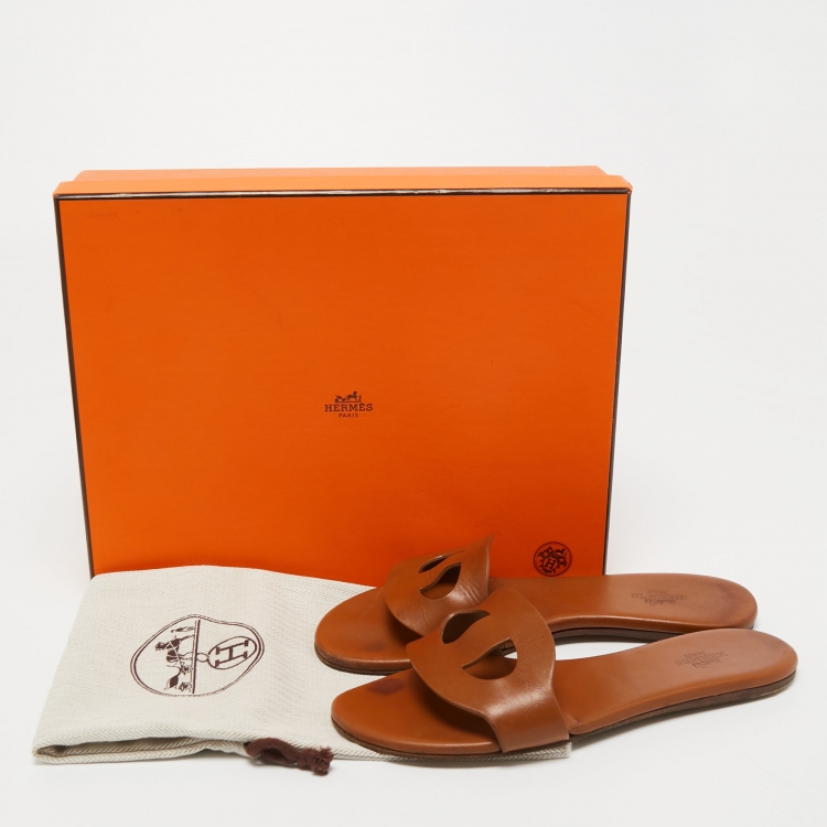 Pre Owned Hermes Brown Leather Lisboa Slide Flats Size 36 