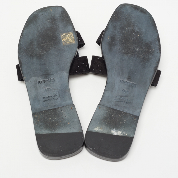 Pre Owned Hermes Black Crystal Embellished Suede Oran Flat Slides Size 40.5