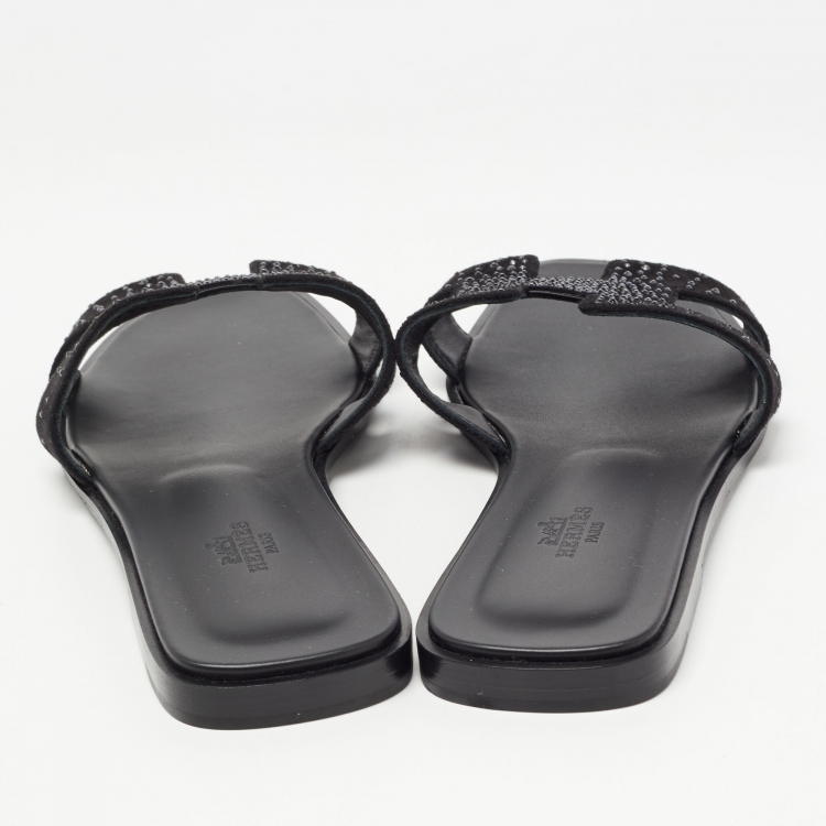 Pre Owned Hermes Black Crystal Embellished Suede Oran Flat Slides Size 40.5