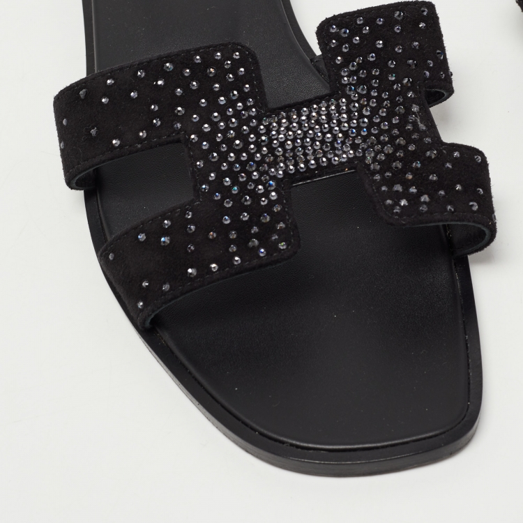 Pre Owned Hermes Black Crystal Embellished Suede Oran Flat Slides Size 40.5