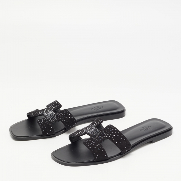 Pre Owned Hermes Black Crystal Embellished Suede Oran Flat Slides Size 40.5