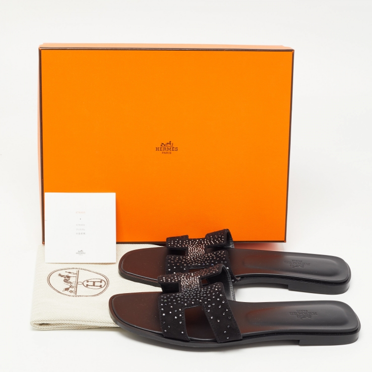 Pre Owned Hermes Black Crystal Embellished Suede Oran Flat Slides Size 40.5