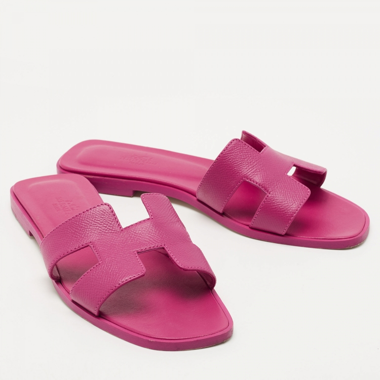 Pre Owned Hermes Pink Lizard Embossed Oran Flat Slides Size 38