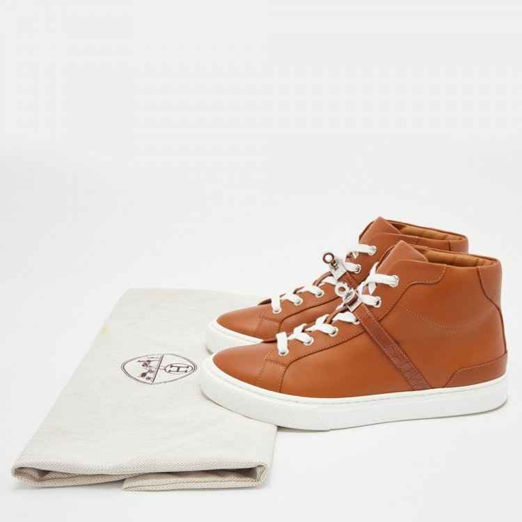 Pre Owned Hermes Brown Leather Daydream High Top Sneakers Size 38