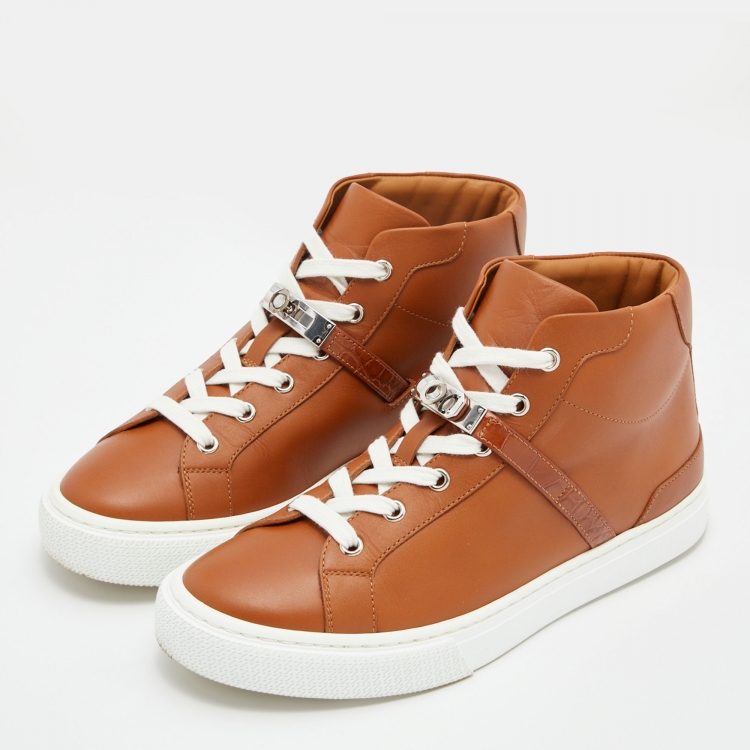 Pre Owned Hermes Brown Leather Daydream High Top Sneakers Size 38