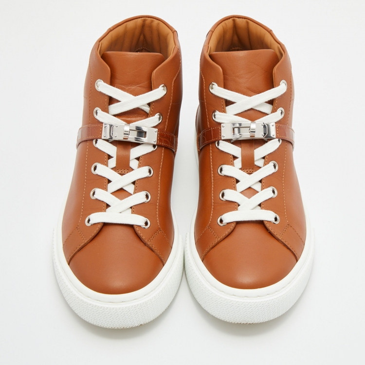 Pre Owned Hermes Brown Leather Daydream High Top Sneakers Size 38