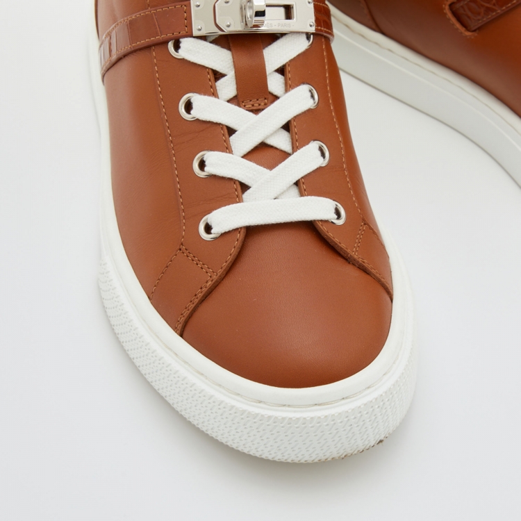 Pre Owned Hermes Brown Leather Daydream High Top Sneakers Size 38