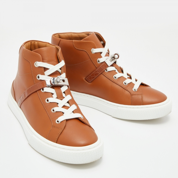 Pre Owned Hermes Brown Leather Daydream High Top Sneakers Size 38