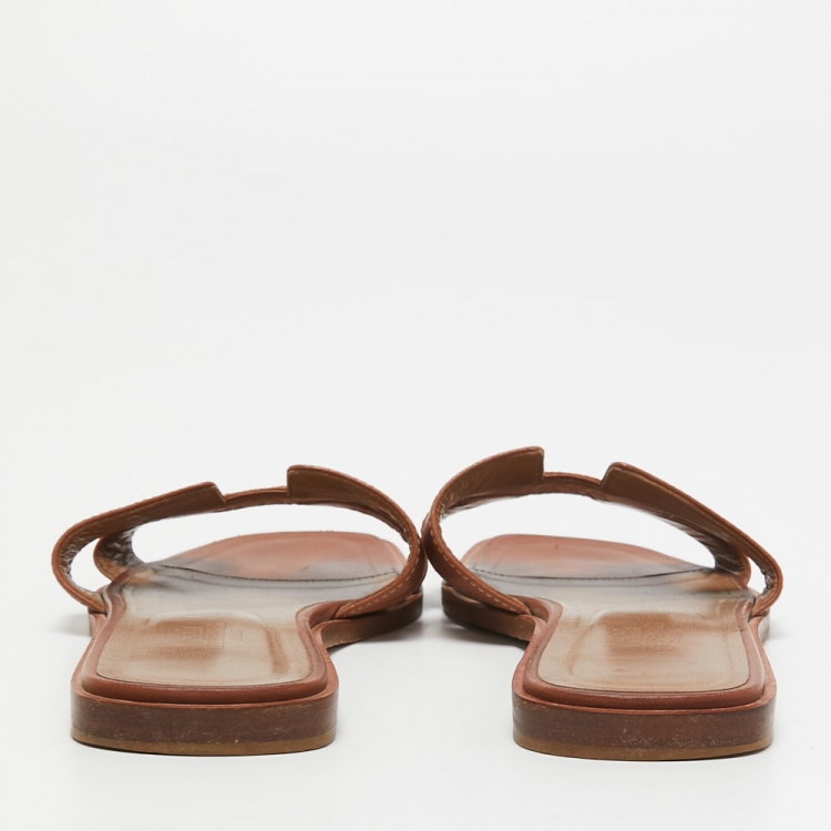 Pre Owned Hermes Brown Leather Oran Flat Slides Size 38.5