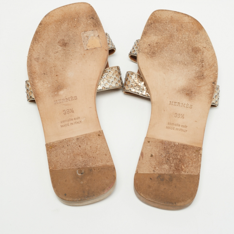 Pre Owned Hermes Metallic Python Oran Flat Slides Size 39.5