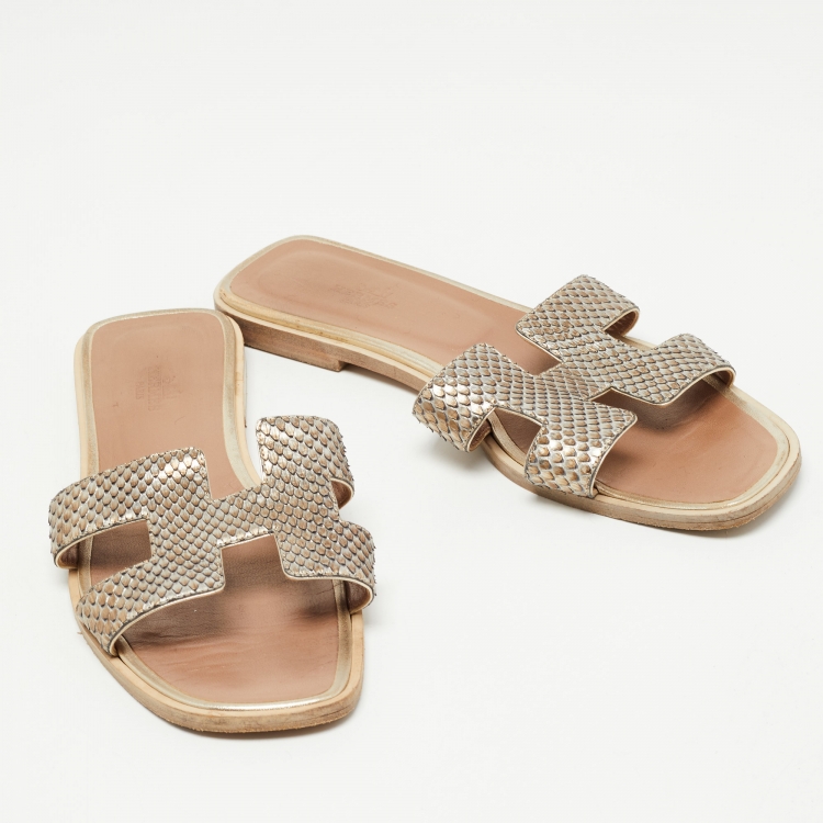 Pre Owned Hermes Metallic Python Oran Flat Slides Size 39.5