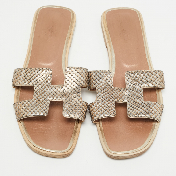 Pre Owned Hermes Metallic Python Oran Flat Slides Size 39.5