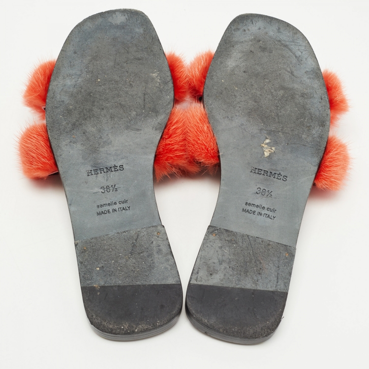 Pre Owned Hermes Orange Fur Oran Flat Slides Size 38.5 