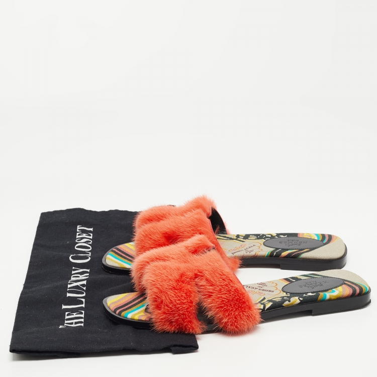 Pre Owned Hermes Orange Fur Oran Flat Slides Size 38.5 