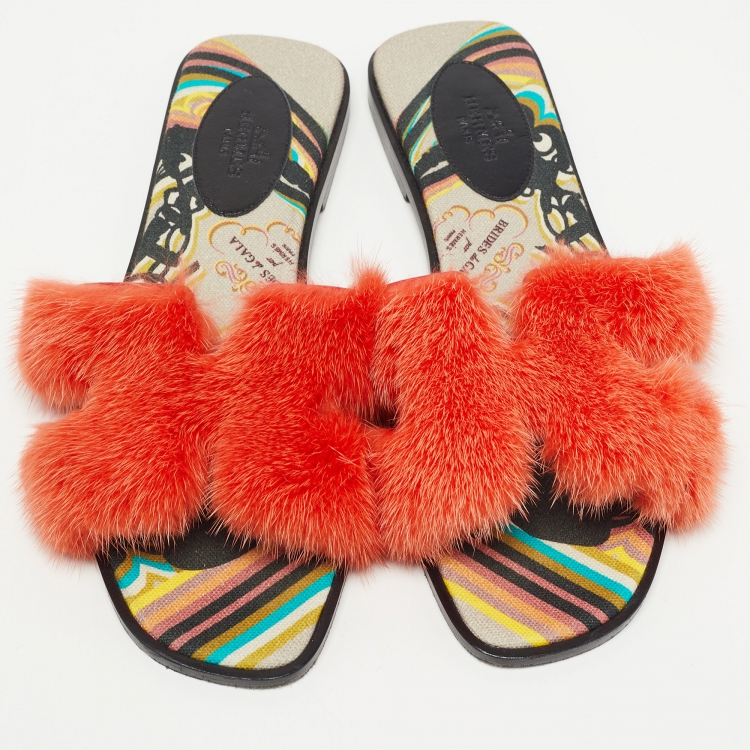 Pre Owned Hermes Orange Fur Oran Flat Slides Size 38.5 