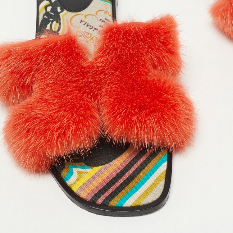 Pre Owned Hermes Orange Fur Oran Flat Slides Size 38.5 