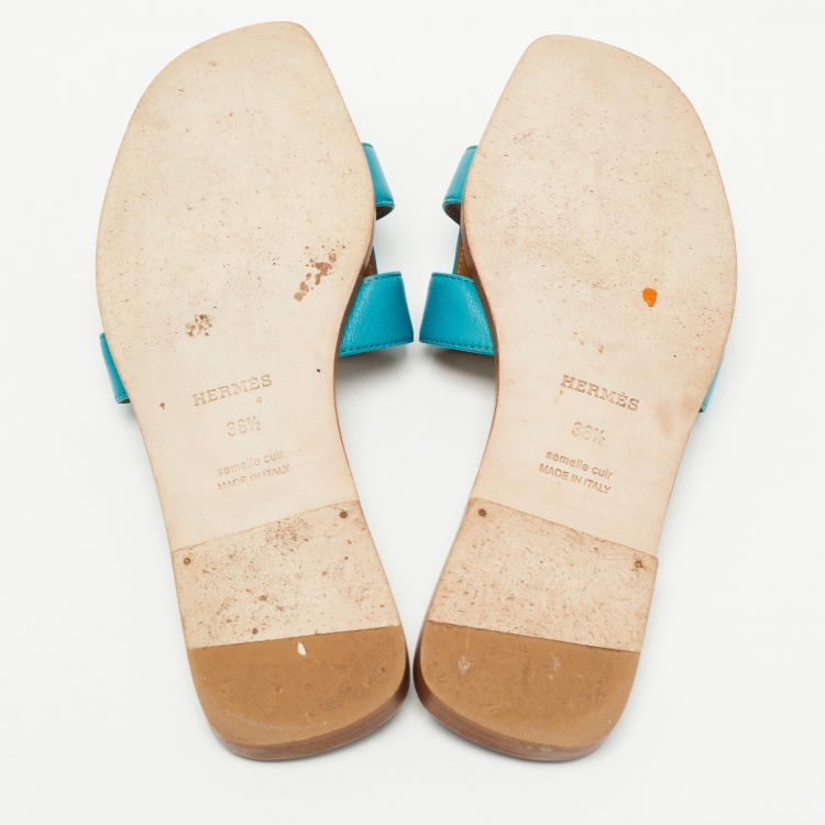 Pre Owned Hermes Blue Leather Oran Flat Slides Size 38.5