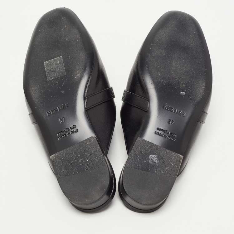 Pre Owned Hermes Black Leather Palladium Plated Oz Mules Size 37