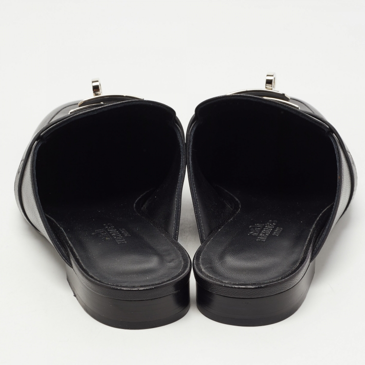 Pre Owned Hermes Black Leather Palladium Plated Oz Mules Size 37