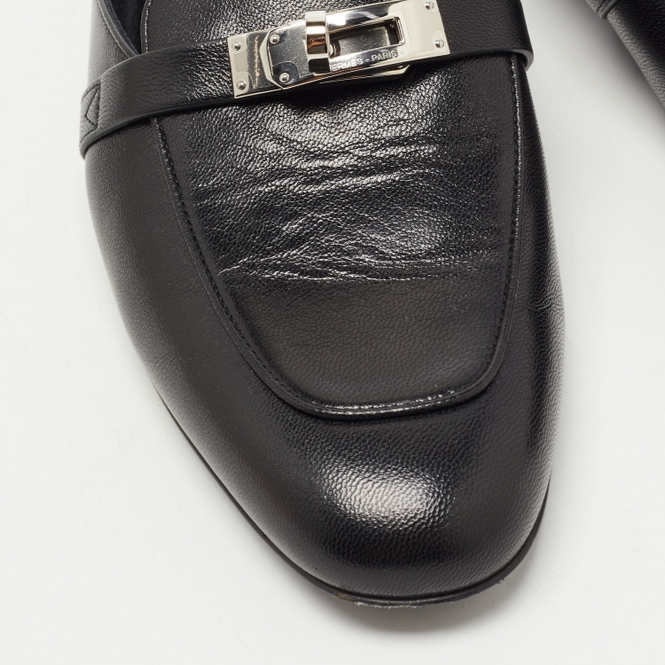 Pre Owned Hermes Black Leather Palladium Plated Oz Mules Size 37