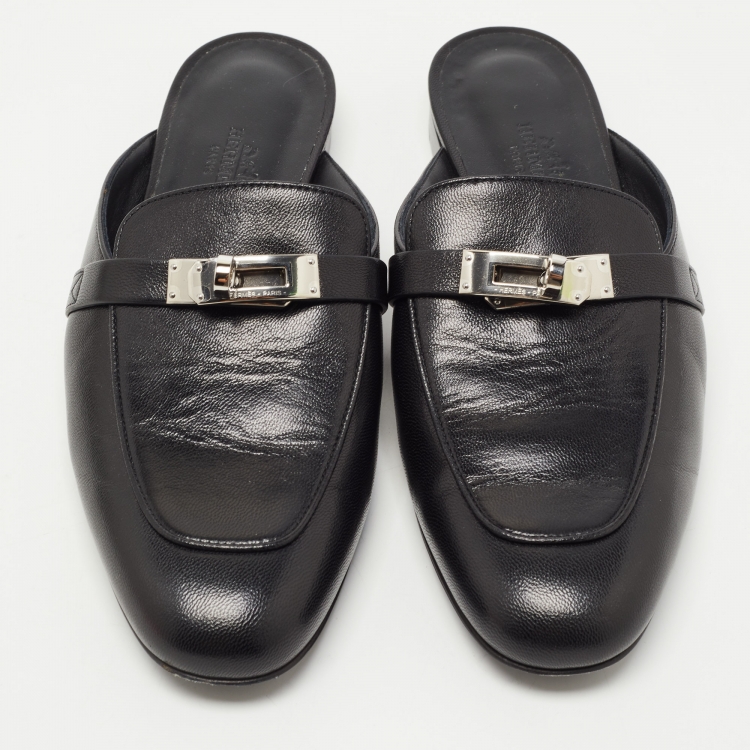 Pre Owned Hermes Black Leather Palladium Plated Oz Mules Size 37