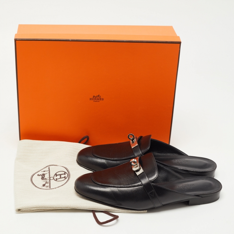 Pre Owned Hermes Black Leather Palladium Plated Oz Mules Size 37