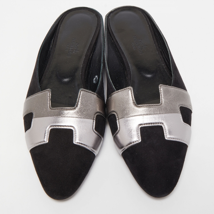 Pre Owned Hermes Black/Metallic Suede and Leather Roxane Mules Size 37
