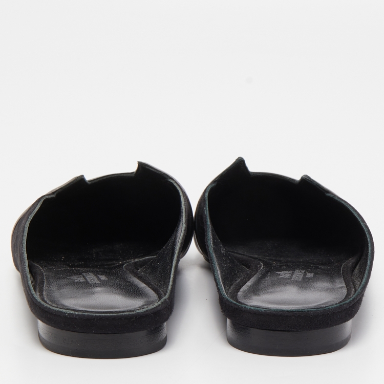 Pre Owned Hermes Black/Metallic Suede and Leather Roxane Mules Size 37