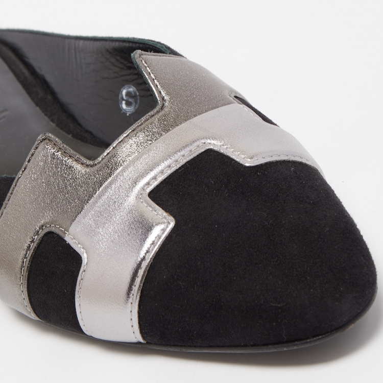 Pre Owned Hermes Black/Metallic Suede and Leather Roxane Mules Size 37
