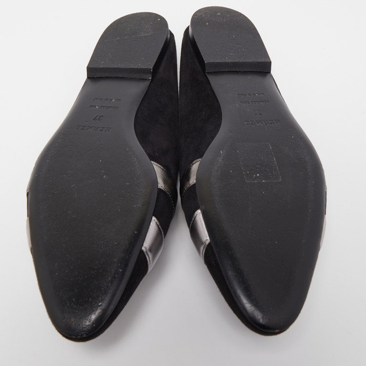 Pre Owned Hermes Black/Metallic Suede and Leather Roxane Mules Size 37