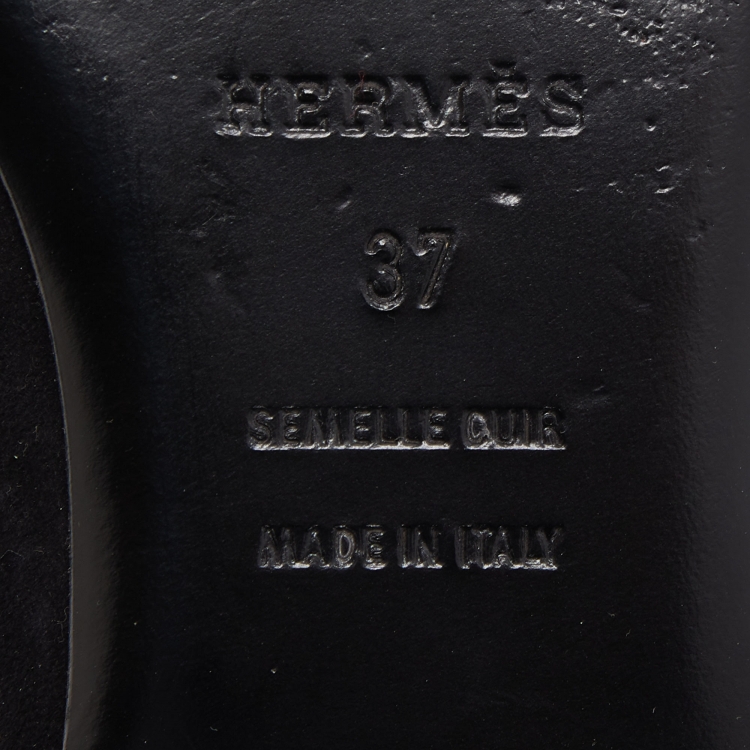 Pre Owned Hermes Black/Metallic Suede and Leather Roxane Mules Size 37