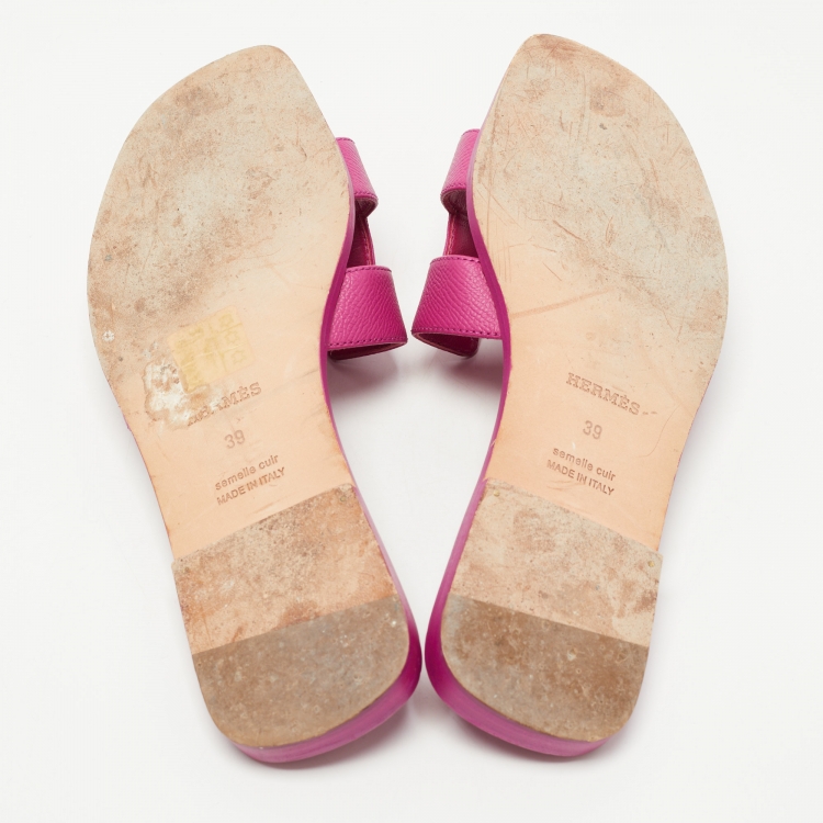 Pre Owned Hermes Pink Leather Oran Flat Slides Size 39