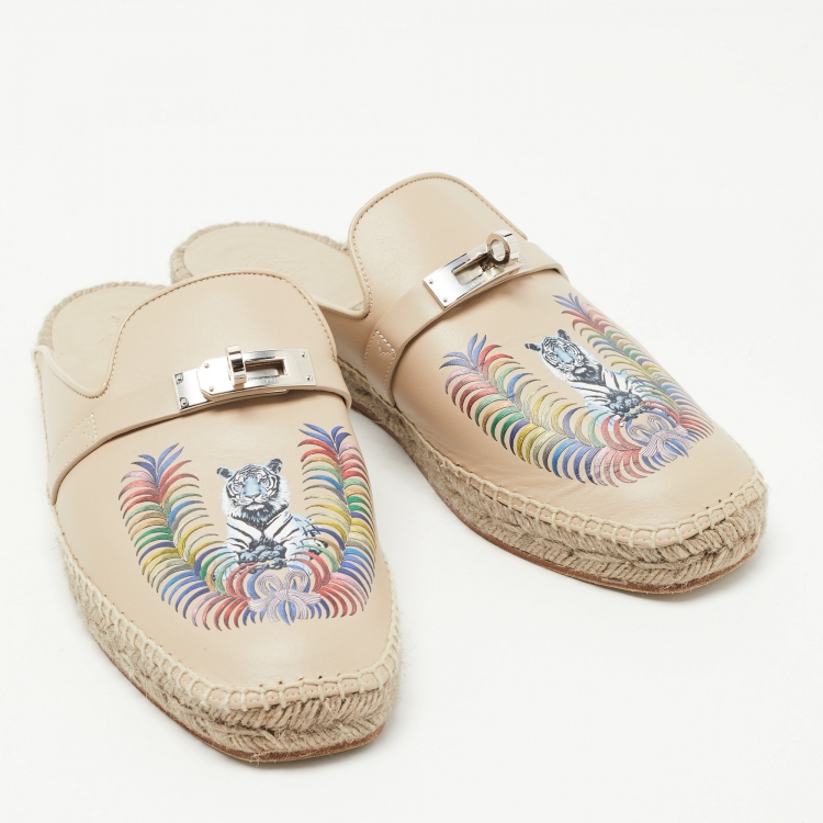 Pre Owned Hermes Beige Leather Feria Espadrille Size 38