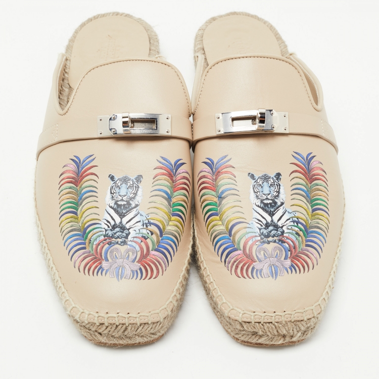 Pre Owned Hermes Beige Leather Feria Espadrille Size 38