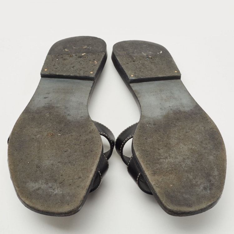 Pre Owned Hermes Blue Leather Oran Slide Flats Size 38   